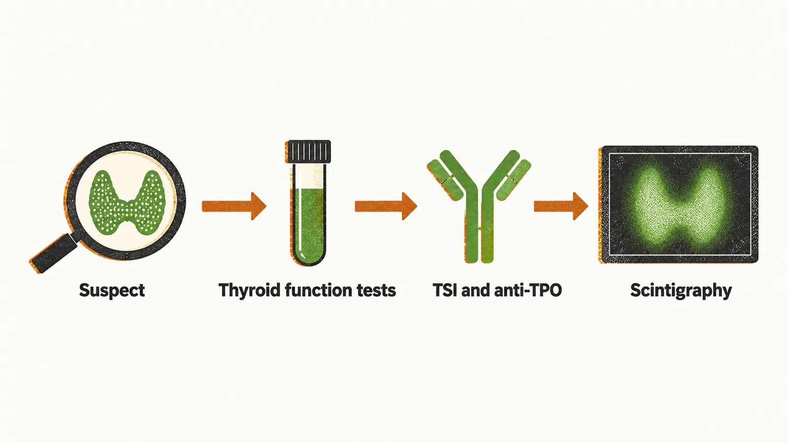 Four linked stations, a magnifier for suspicion, a test tube for thyroid function tests, an antibody for TSI and anti-TPO, and a scan for scintigraphy.