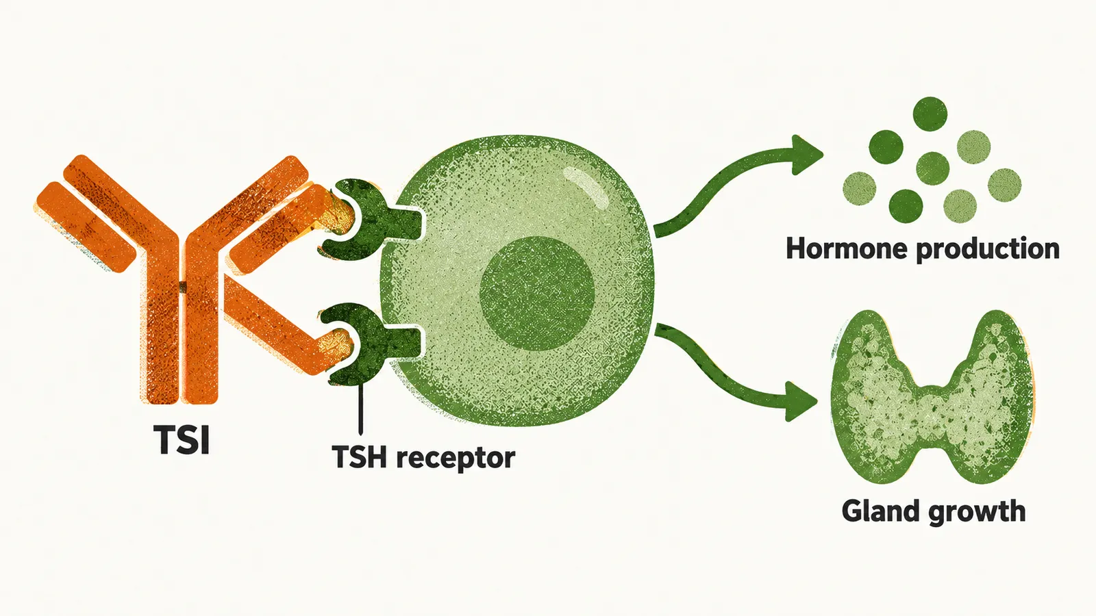 A Y-shaped TSI antibody locks onto a TSH receptor on a thyroid cell, which sends arrows to hormone production and gland growth.