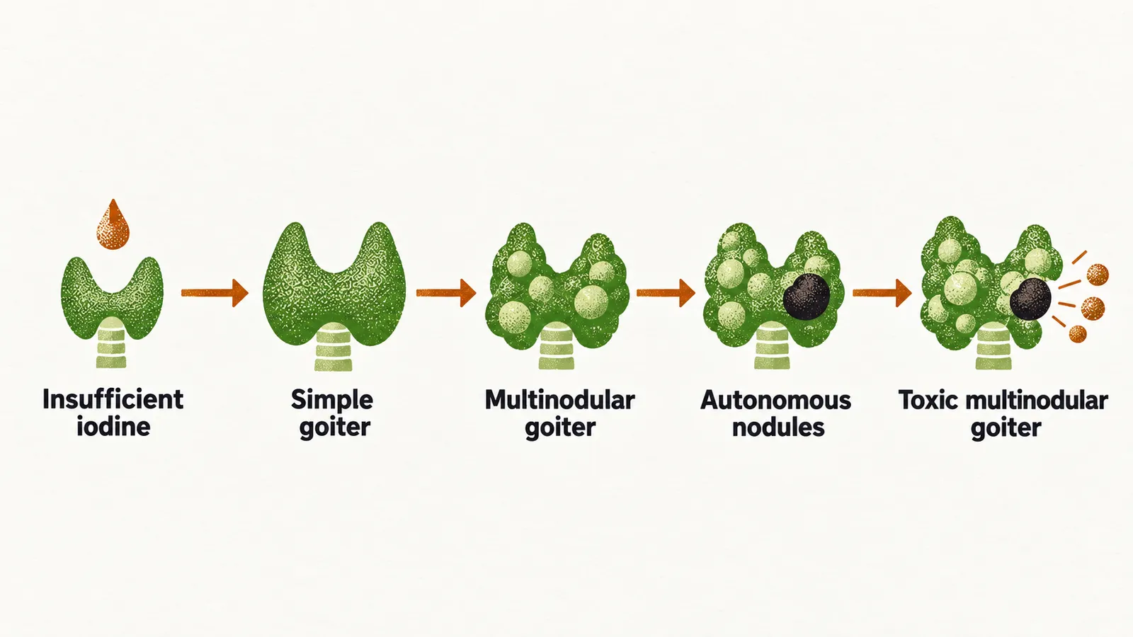 A left-to-right sequence of thyroid gland shapes growing lumpier, from insufficient iodine through simple goiter and multinodular goiter to autonomous nodules and toxic multinodular goiter.
