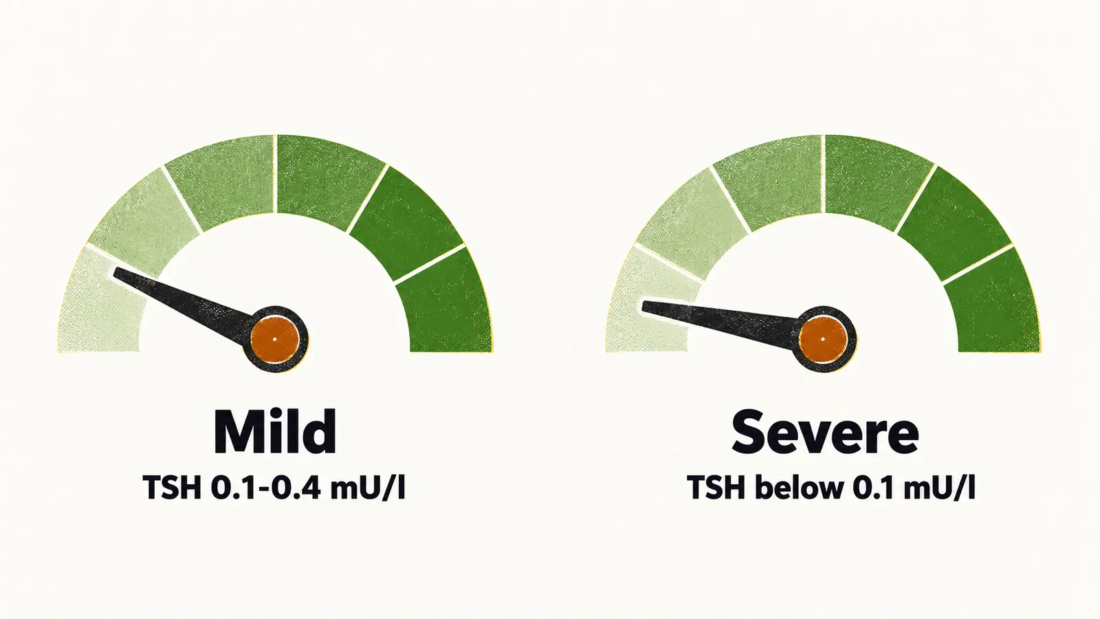 Two gauges side by side showing mild subclinical hyperthyroidism with TSH 0.1-0.4 and severe with TSH below 0.1.