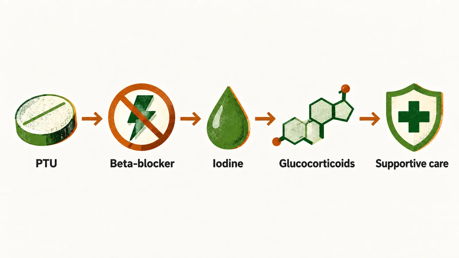 Five connected steps in order, each with an icon, PTU, beta-blocker, iodine, glucocorticoids and supportive care.
