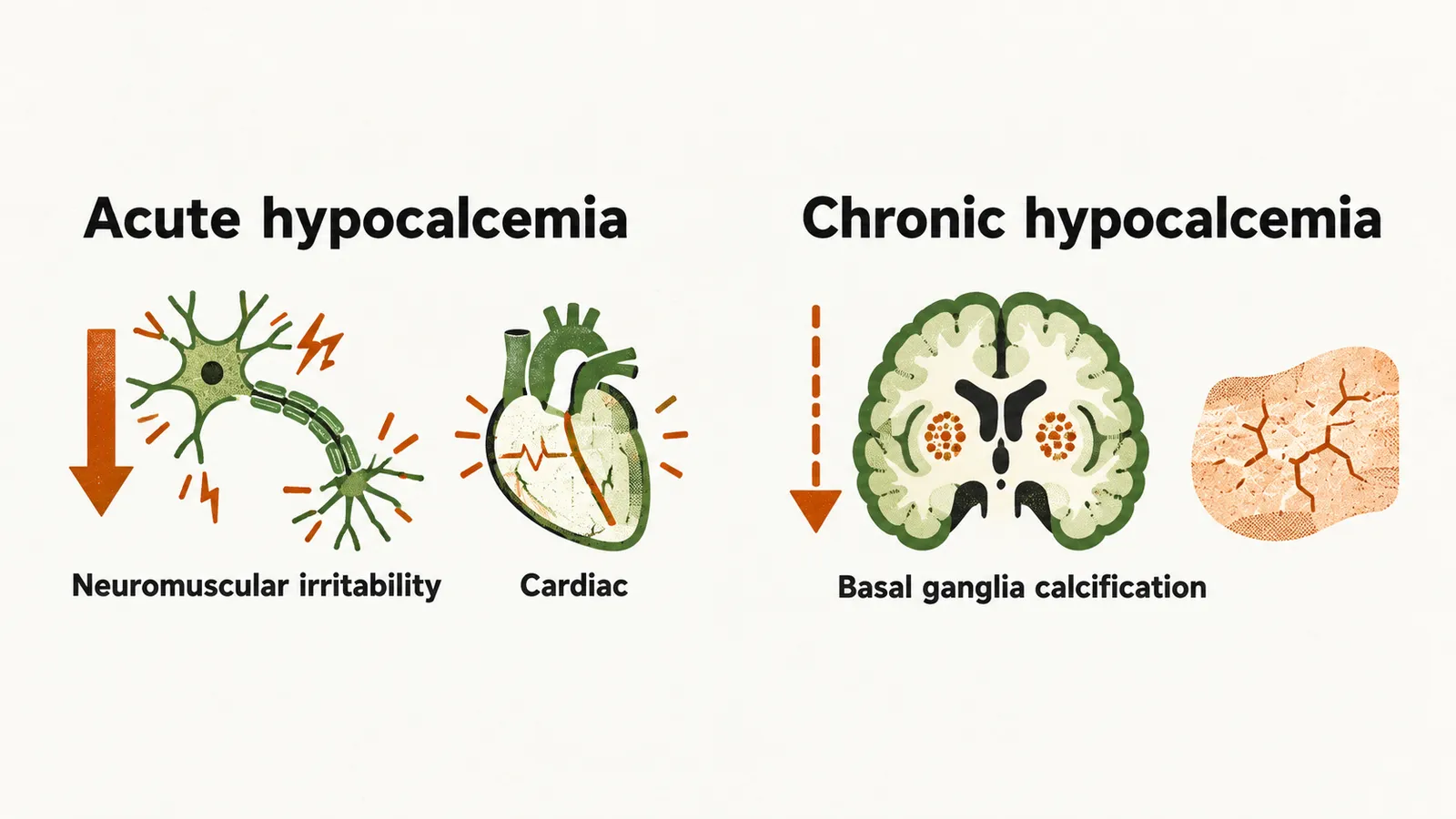 Two panels compare acute and chronic hypocalcemia, a fast drop with nerve sparks and a heart, a slow decline with brain deposits.