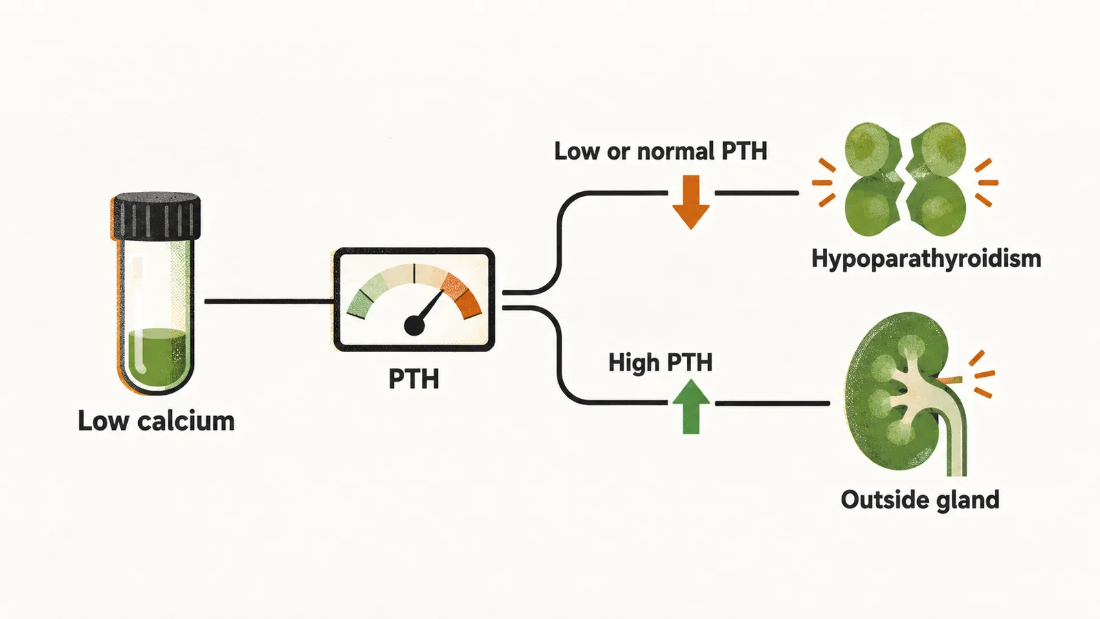 A low calcium vial leads to a PTH reading that branches, low PTH to a parathyroid gland and high PTH to a kidney.