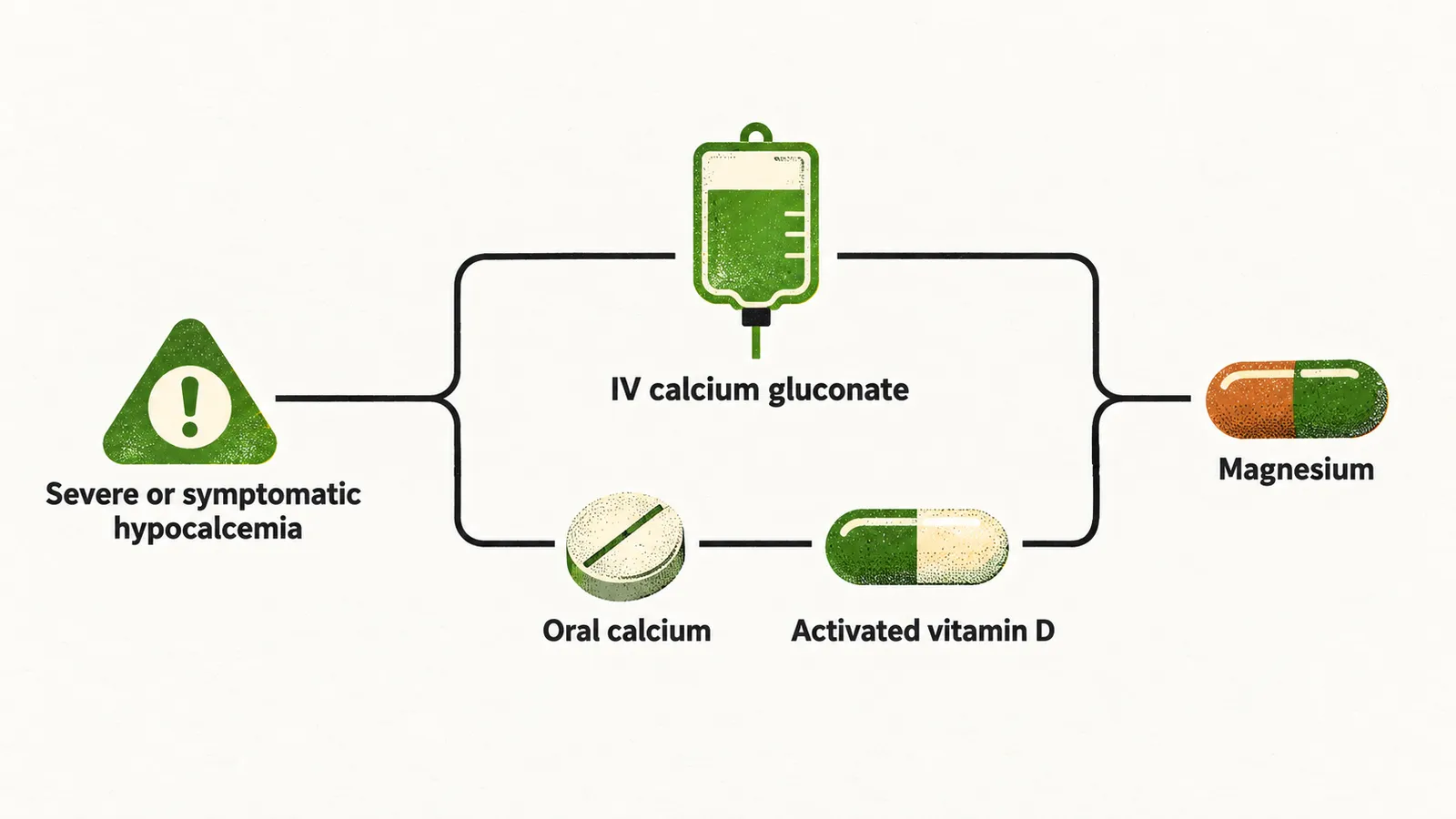 A route from severe hypocalcemia to an IV drip of calcium gluconate, another to oral calcium and vitamin D, magnesium linked to both.