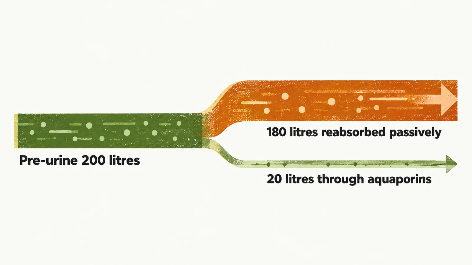 A wide bar of 200 litres of pre-urine splits into 180 litres reabsorbed passively and 20 litres reabsorbed through aquaporins.