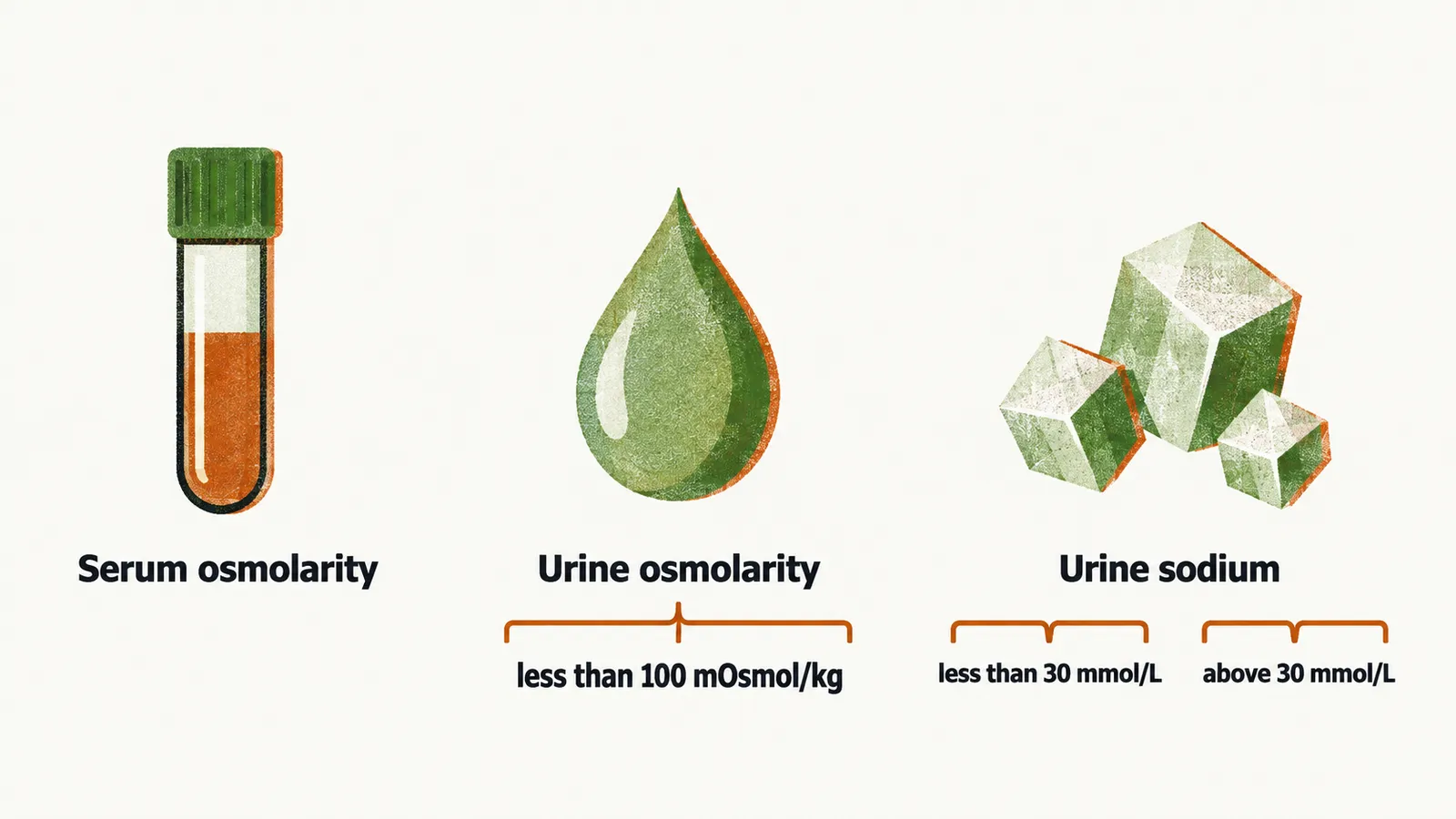 A three-step pathway labelled serum osmolarity, urine osmolarity and urine sodium, with cutoffs less than 100 mOsmol/kg and 30 mmol/L.