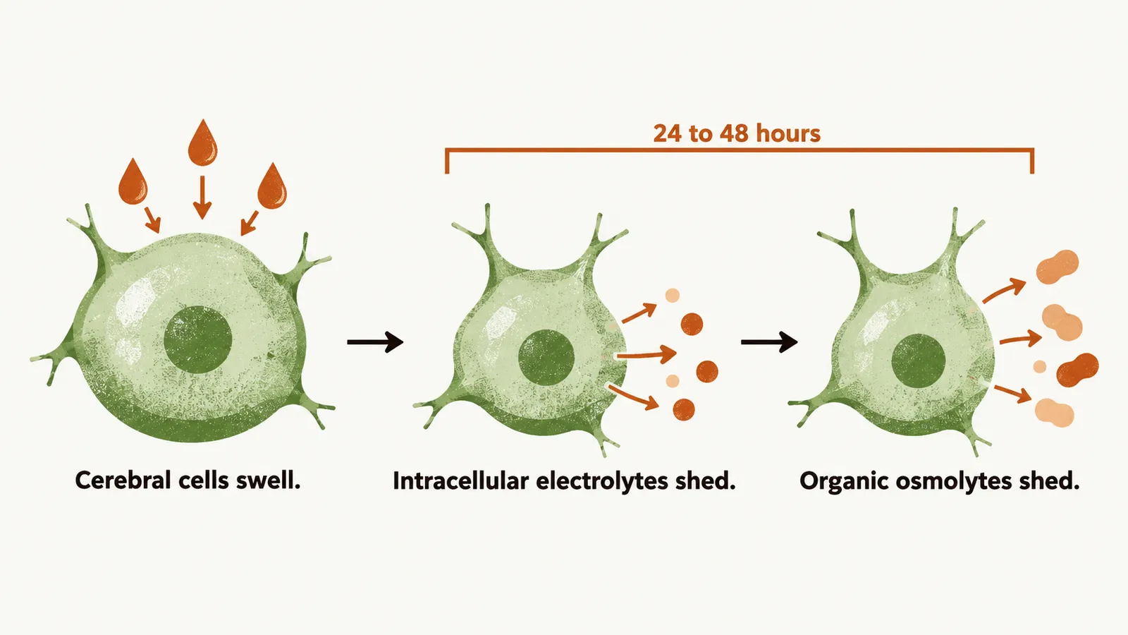 A timeline labelled cerebral cells swell, intracellular electrolytes shed, organic osmolytes shed, with a bracket labelled 24 to 48 hours.