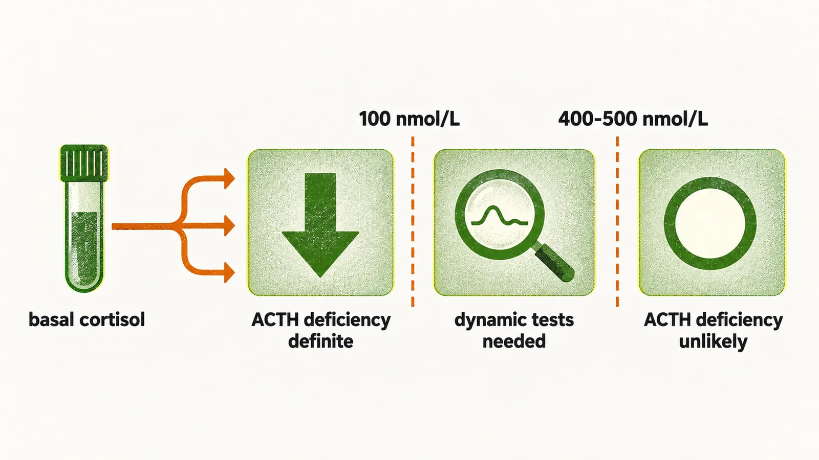 A basal cortisol value branches rightwards into three panels, a low arrow for definite ACTH deficiency, a magnifier for dynamic tests, and a clear circle for unlikely ACTH deficiency.