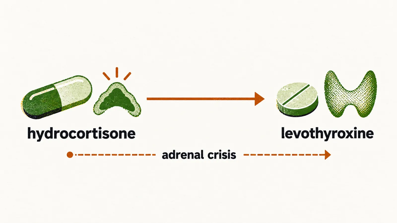 A hydrocortisone capsule and a small adrenal shape on the left lead by a saffron arrow to a levothyroxine tablet and a small thyroid shape on the right, with a warning line.
