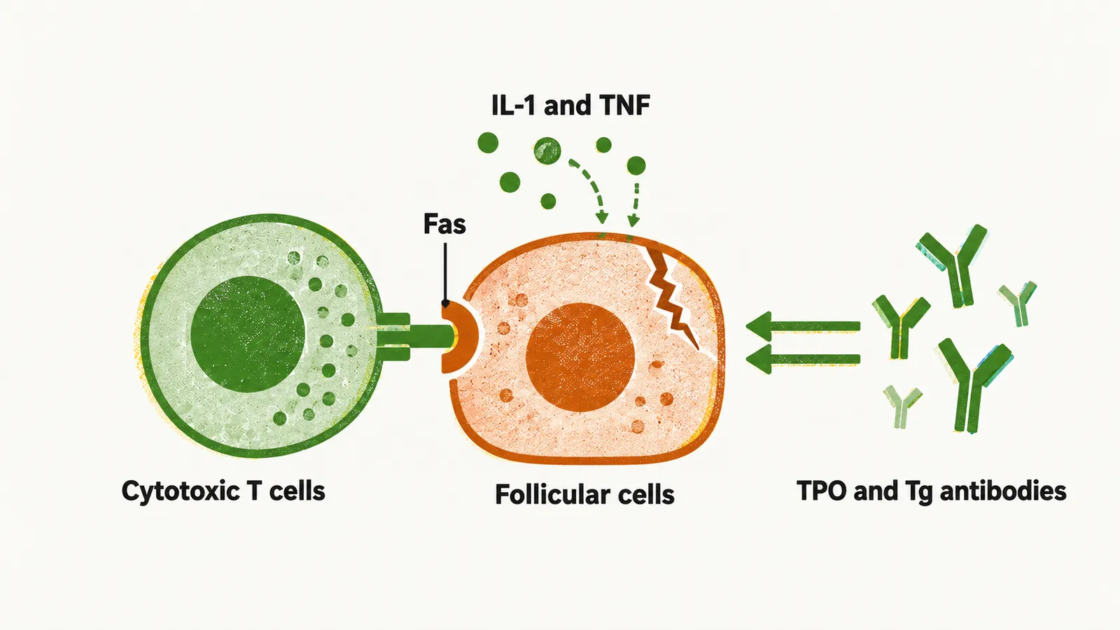 A cytotoxic T cell presses onto a follicular cell at a Fas notch while IL-1 and TNF droplets drift in and Y-shaped TPO and Tg antibody marks point at it.