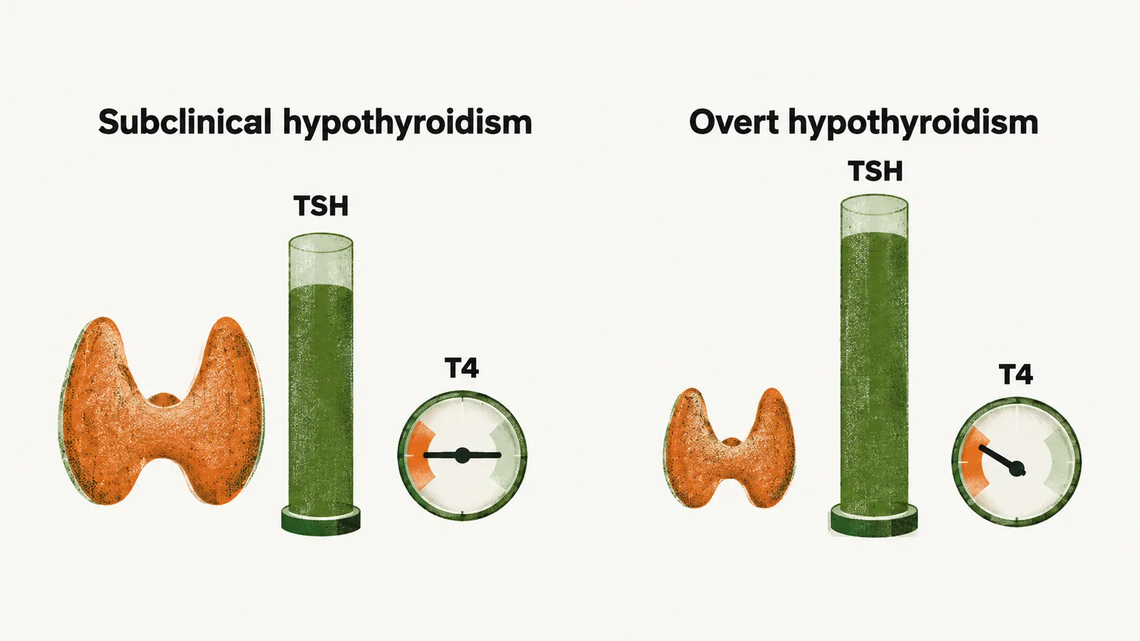Two panels compare a gland with a half full TSH column and a level T4 gauge against a shrunken gland with a fuller TSH column and a gauge tilted low.