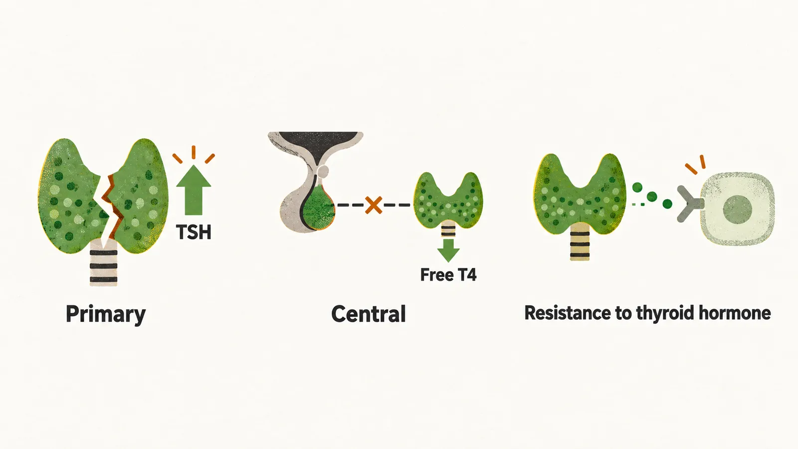 Three panels show a cracked thyroid gland, a pituitary dial joined by a broken line to the gland, and a gland pouring hormone onto an unresponsive pale cell.