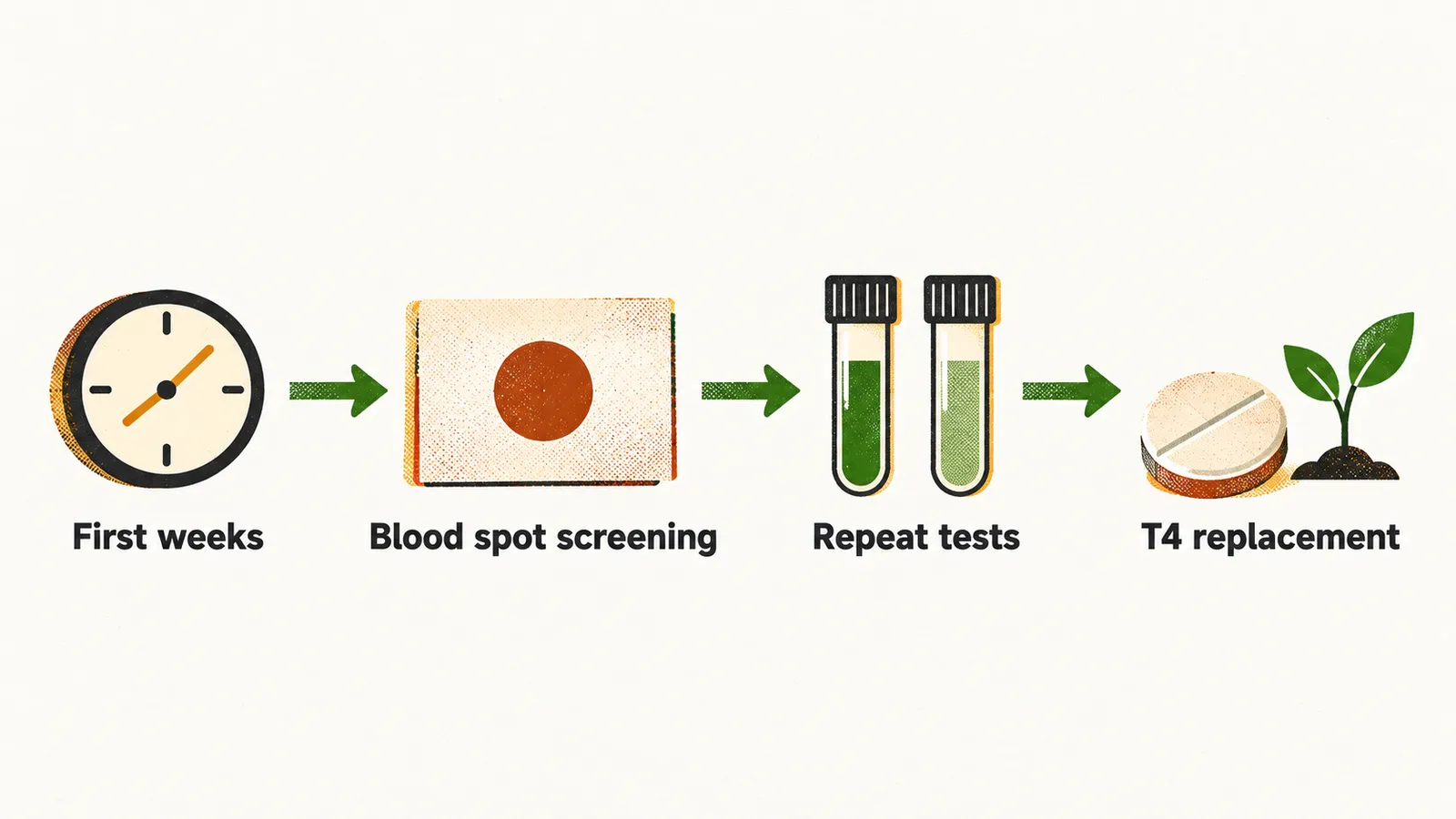 A left-to-right timeline runs from a blood-spot screening card through repeat tests to T4 replacement, with a small clock for the first weeks.
