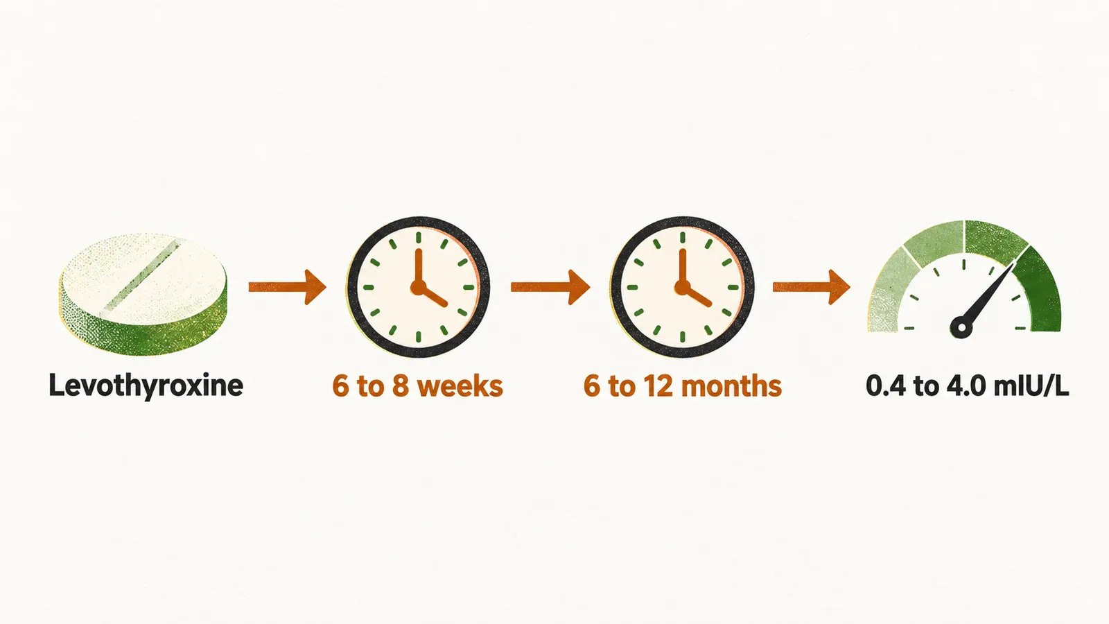 A left-to-right timeline runs from a levothyroxine tablet through a 6 to 8 week clock and a 6 to 12 month clock to a level gauge marked 0.4 to 4.0 mIU/L.