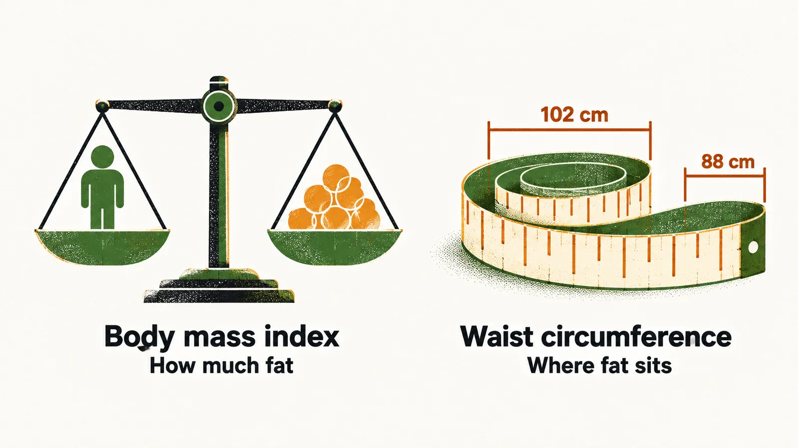 Two panels: a balance scale labelled Body mass index and How much fat, beside a coiled tape measure labelled Waist circumference and Where fat sits, marked 102 cm and 88 cm.