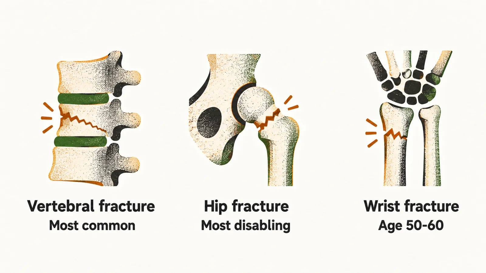 Three panels in a row showing a vertebral body, a hip joint and a wrist, each named and marked with what distinguishes it.