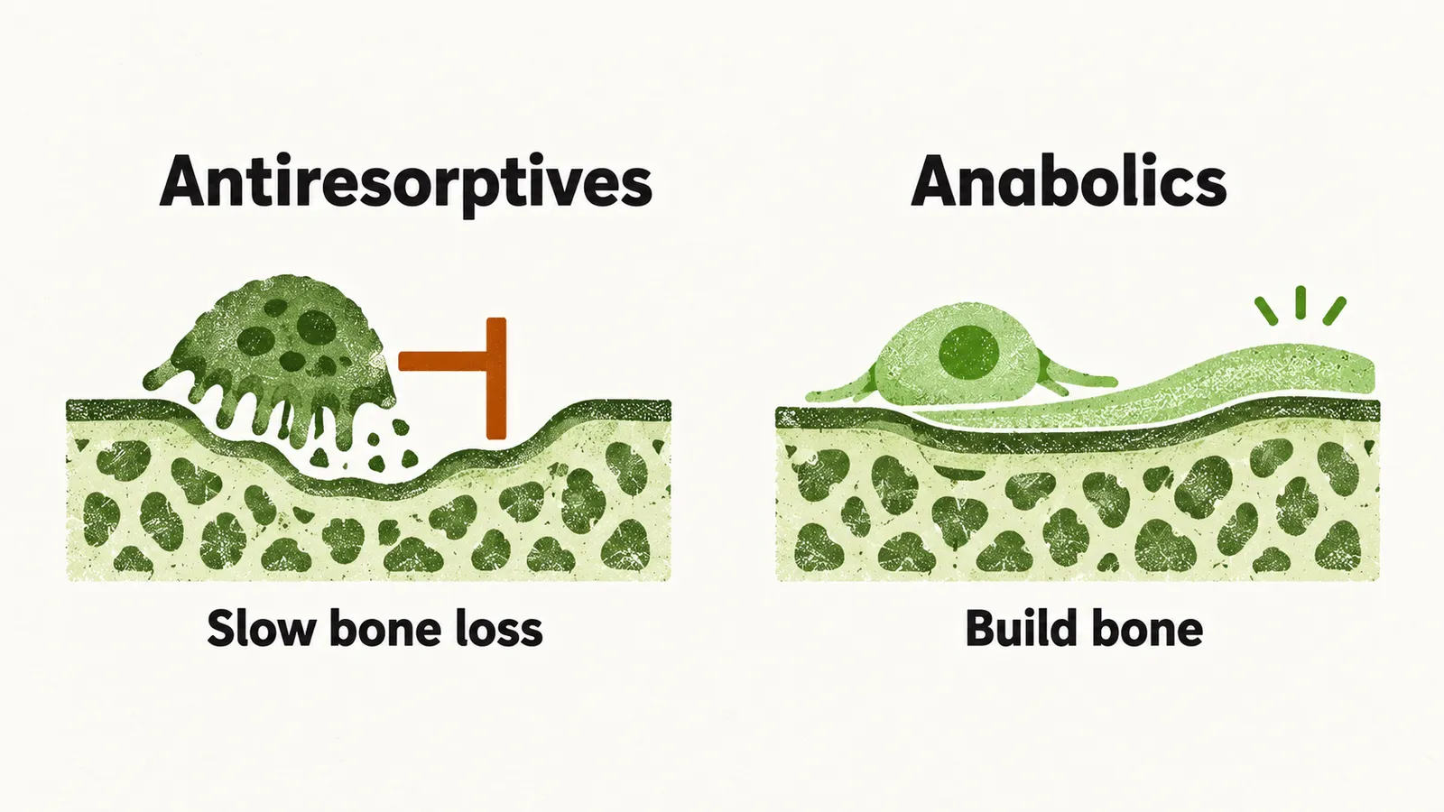Two panels, the left a bone edge with a blocked resorbing cell, the right a bone edge with a forming cell adding new bone.