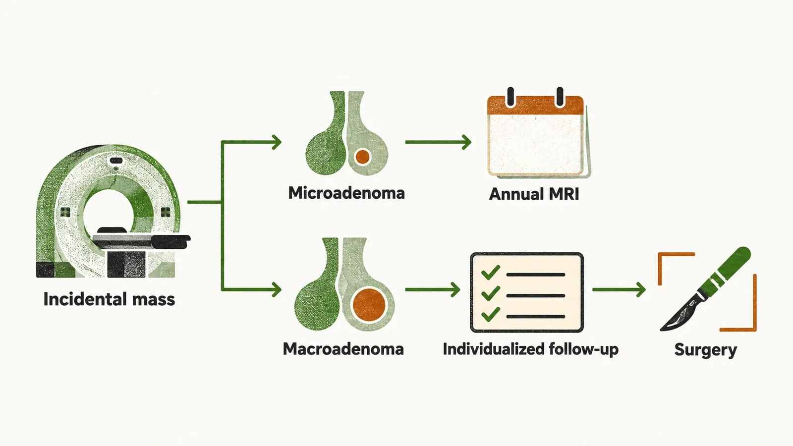 An incidental mass on a scan branching by size into a microadenoma followed by yearly MRI, or a macroadenoma managed with follow-up or surgery.