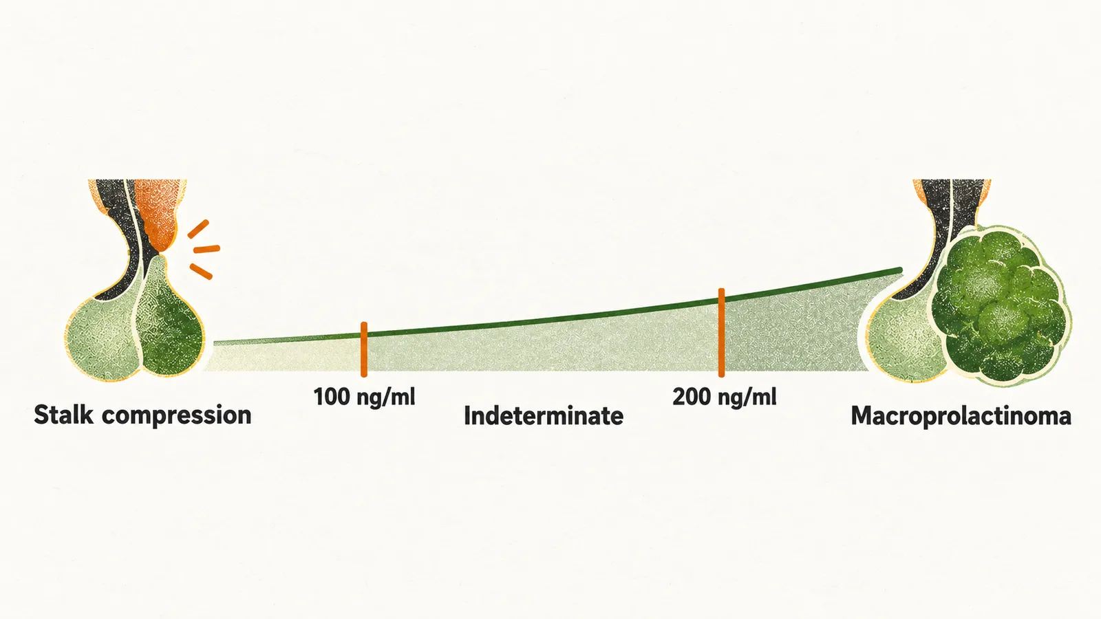 A prolactin scale with stalk compression low, an indeterminate middle zone and macroprolactinoma high, marked at 100 and 200 ng/ml.