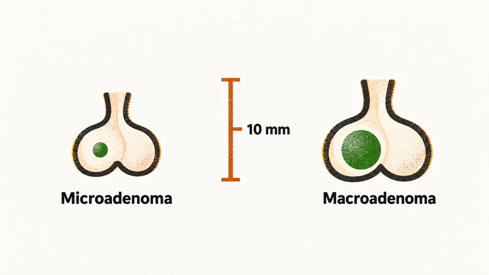 A small gland holding a tiny microadenoma beside a larger gland holding a big macroadenoma, with a measuring bar marked at 10 mm between them.