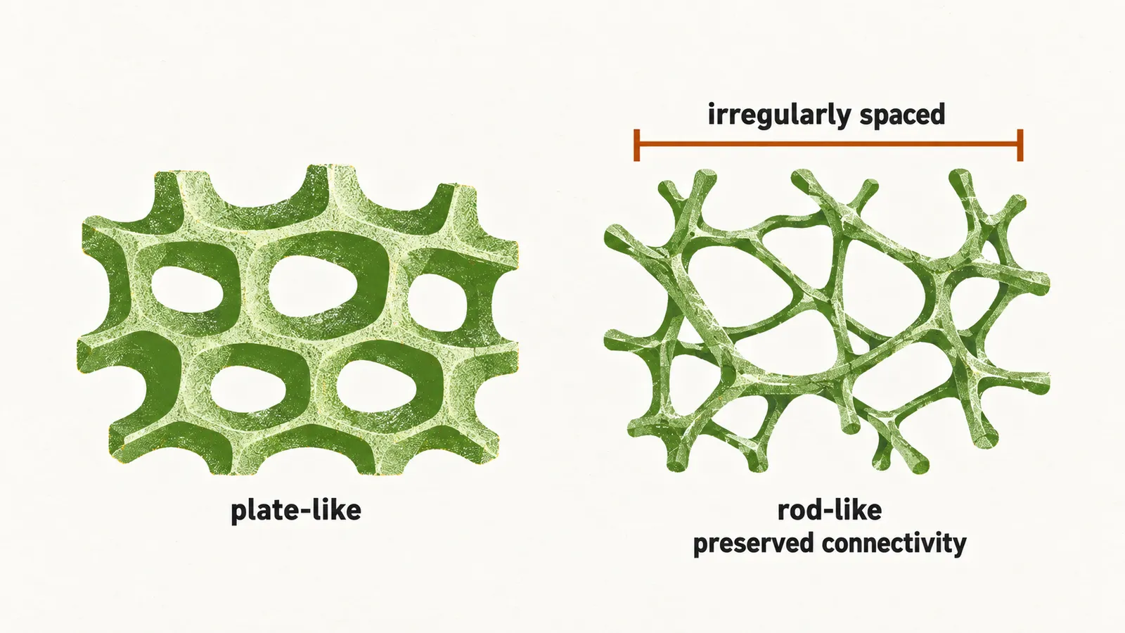 Two panels contrast a neat mesh of plate-like struts with a loose mesh of thin rod-like, irregularly spaced struts.