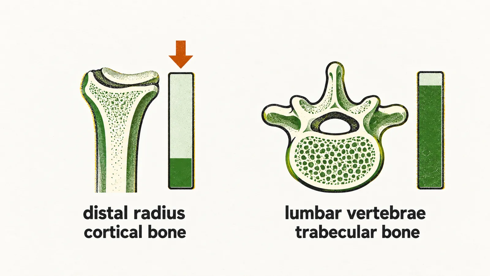 A radius icon with a low density bar beside a vertebra icon with a near-full bar, showing the two bone densitometry sites.