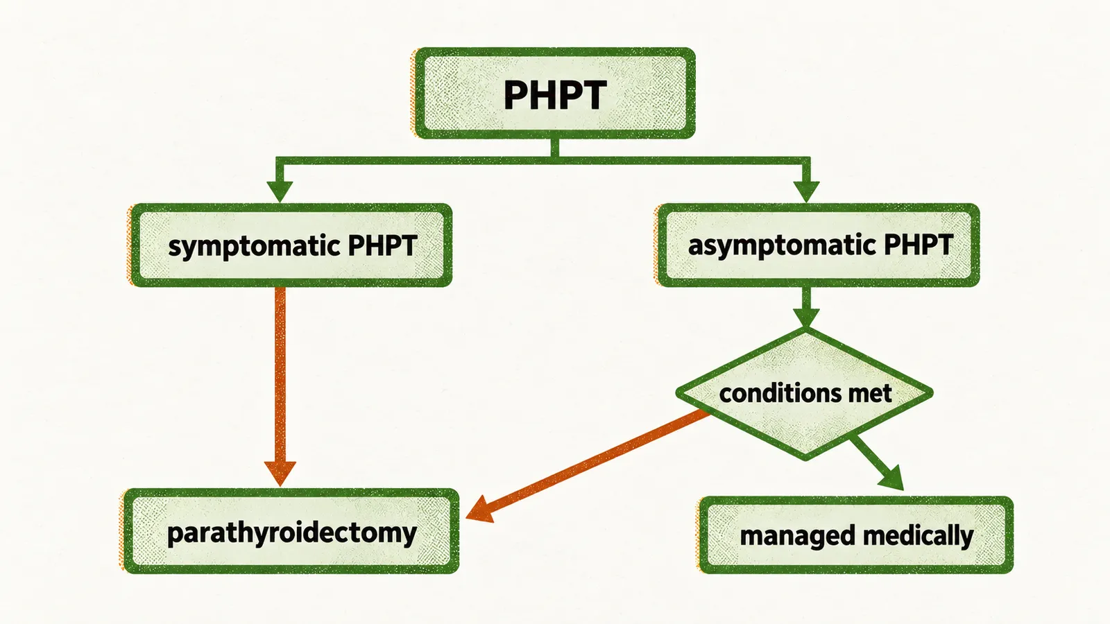 A pathway splitting PHPT into symptomatic disease leading straight to parathyroidectomy and asymptomatic disease that reaches surgery only when conditions are met, otherwise to medical management.