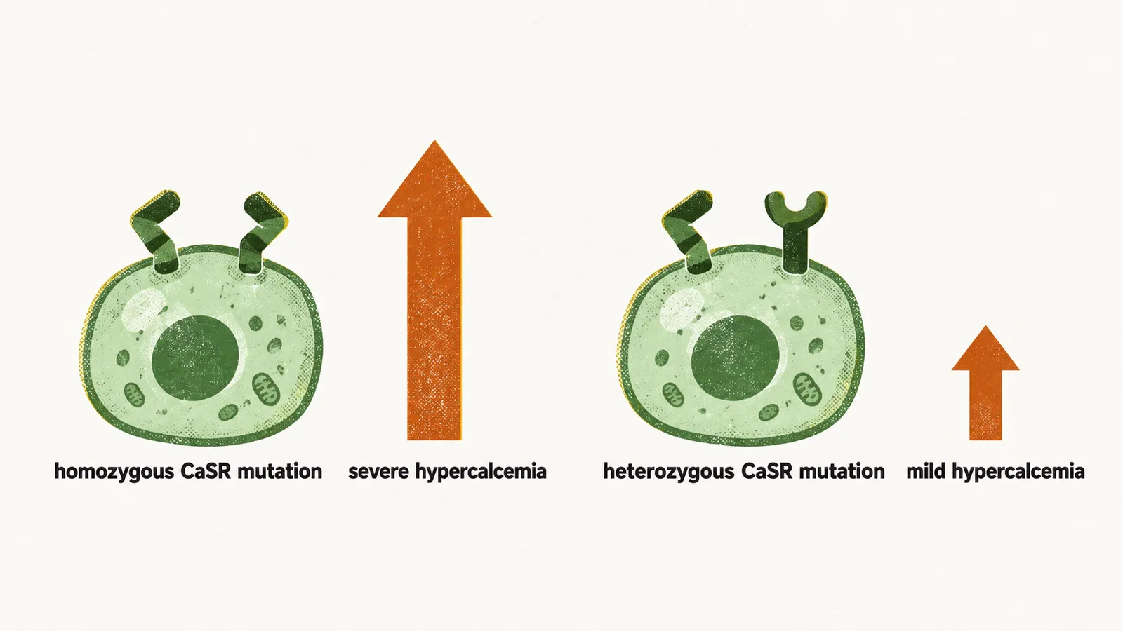 Two panels compare a homozygous CaSR mutation with severe hypercalcemia and a heterozygous mutation with mild hypercalcemia.