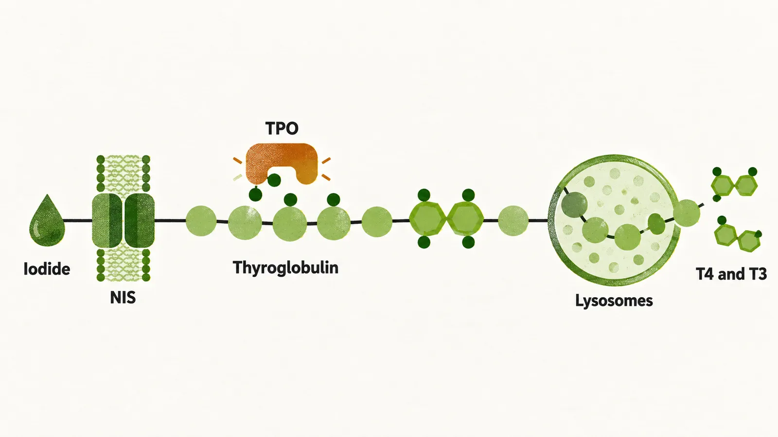 Steps from iodide entering through NIS, oxidation by TPO and attachment to thyroglobulin, to release of T4 and T3 after lysosomes break the chain down.