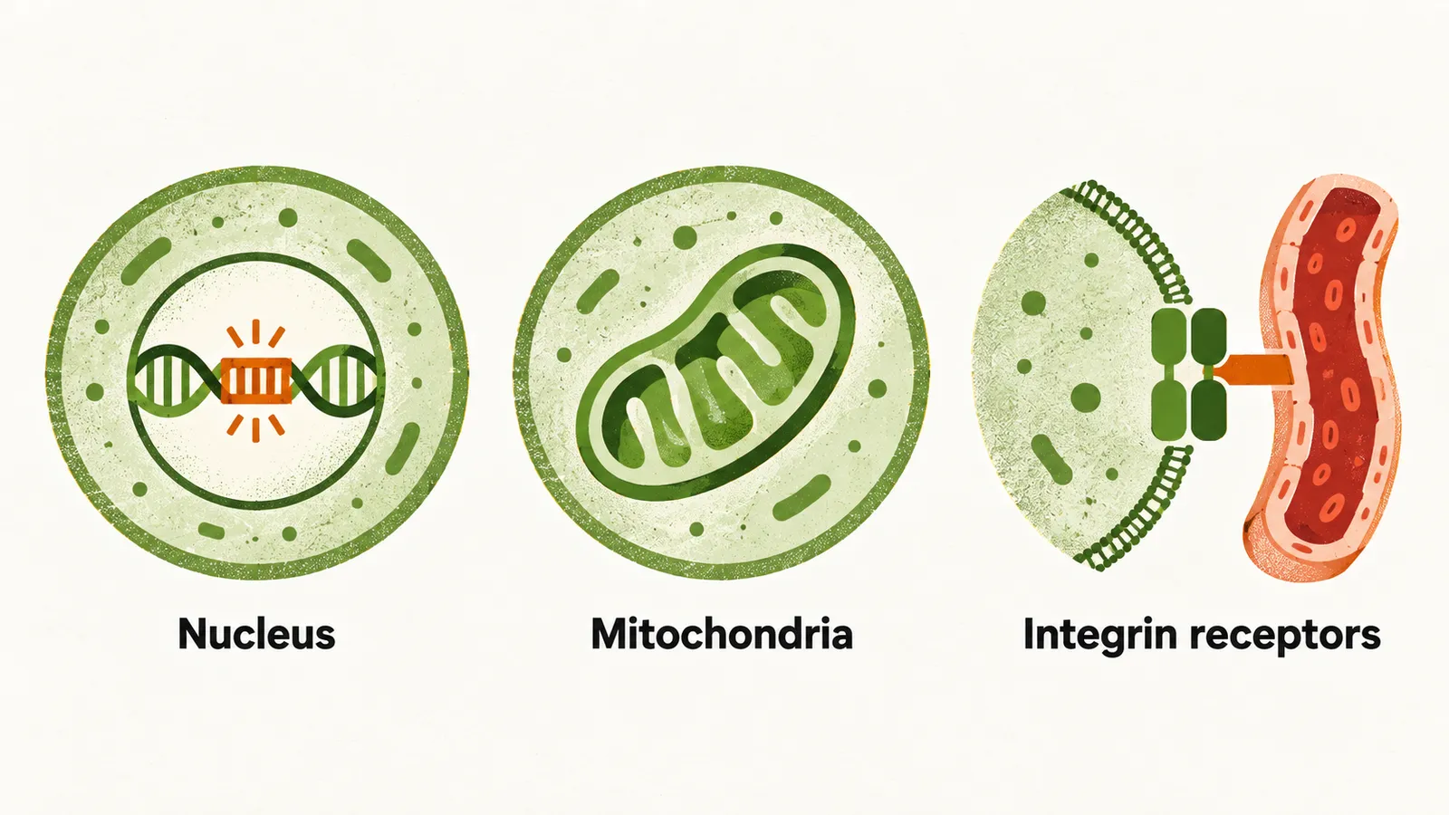A cell with a nucleus and an active gene, a cell with a mitochondrion, and a cell membrane receptor next to a small vessel, the three routes of thyroid hormone action.