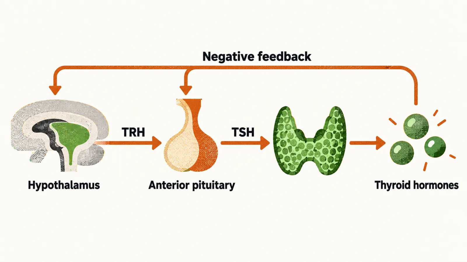 A left-to-right pathway from the hypothalamus through TRH, anterior pituitary and TSH to thyroid hormones, with a negative feedback arrow returning to the pituitary and hypothalamus.