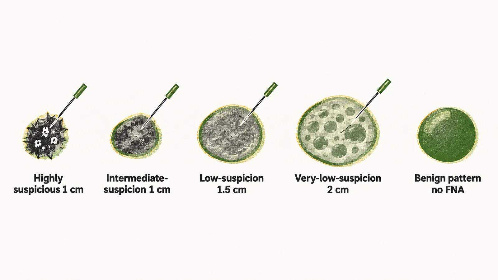 A left-to-right row of five nodule panels: a thin needle enters the first four as the nodule grows from 1 cm to 2 cm, while the last smooth nodule has no needle.