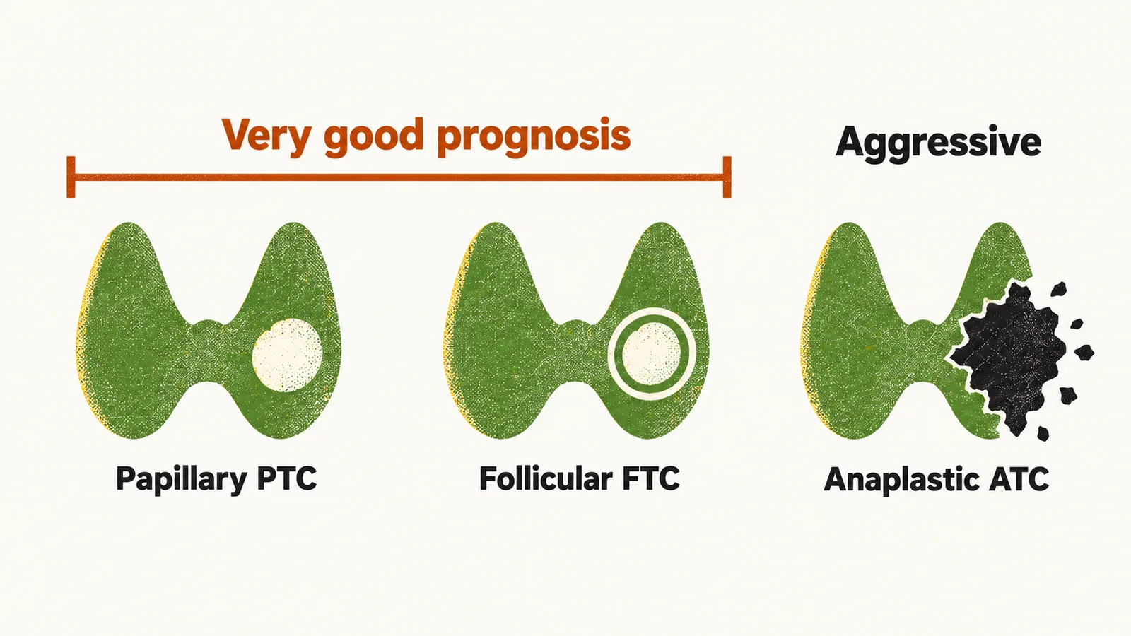 Three thyroid panels left to right: two smooth tumours, papillary PTC and follicular FTC, marked with a very good prognosis, and a dark irregular anaplastic ATC labelled aggressive.