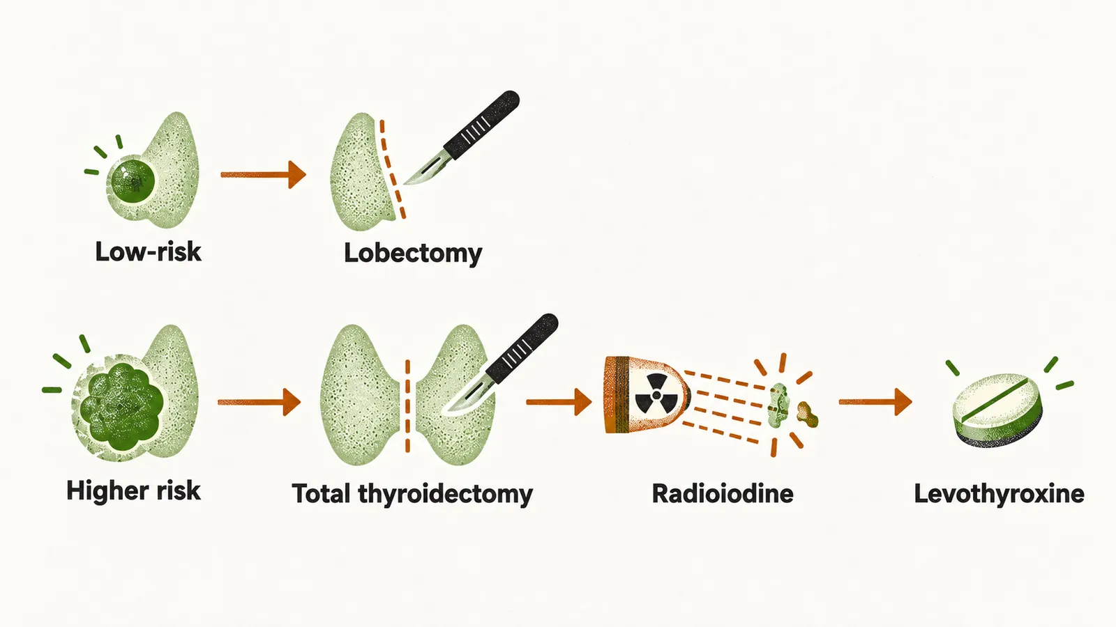 A treatment route for differentiated thyroid cancer: a low-risk nodule to lobectomy, a larger tumour to total thyroidectomy, then a saffron radioiodine dose and a levothyroxine pill.