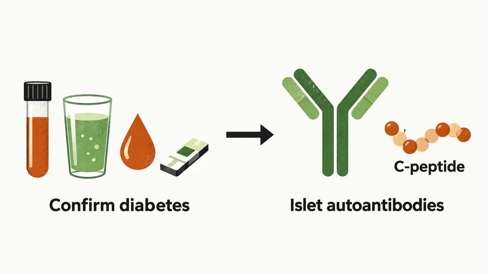Two panels joined by an arrow, the first holding four small test icons and the second a Y-shaped antibody and a peptide block.