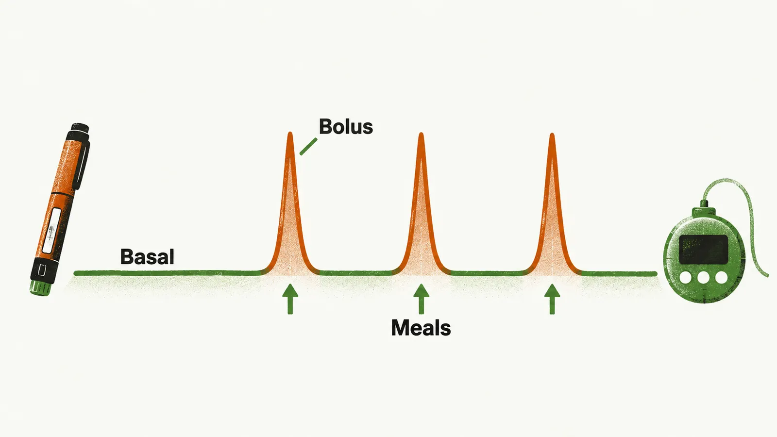 A flat low line runs across the frame and rises into three sharp spikes at meals, marked Basal and Bolus.