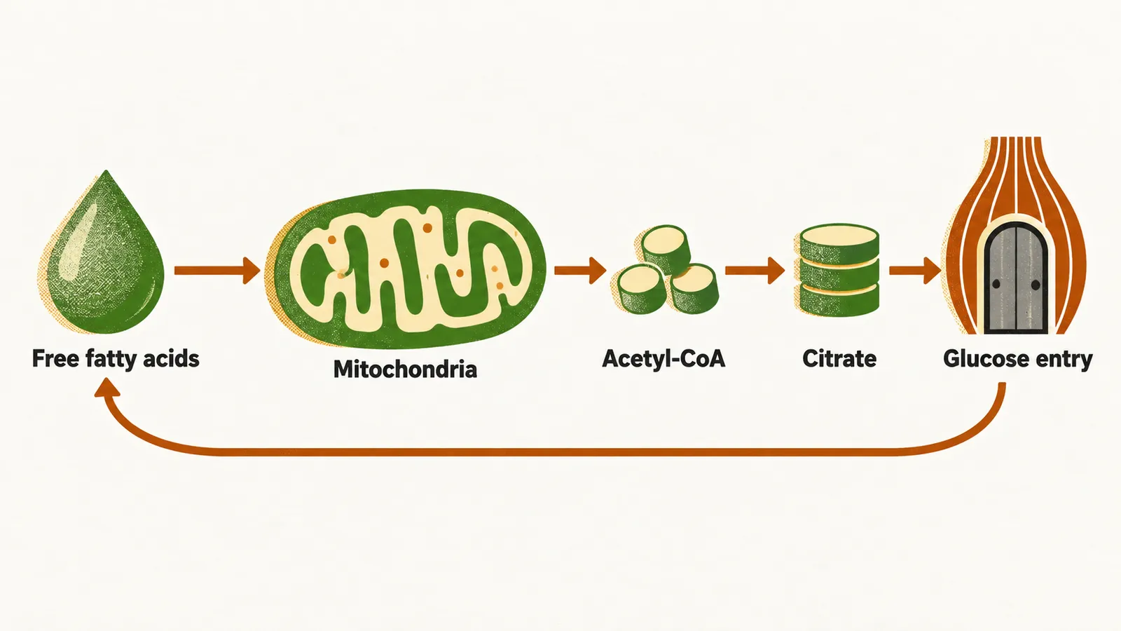 A cycle in which free fatty acids enter mitochondria making acetyl-CoA and citrate that close the muscle glucose doorway.