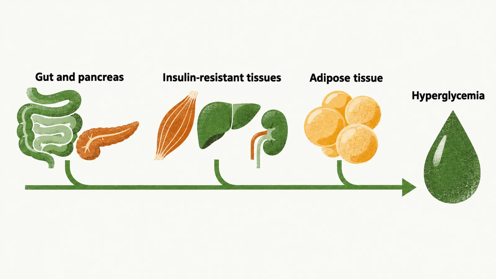 Three stations along one arrow, a gut and pancreas, insulin-resistant tissues and adipose tissue, all feeding a final glucose droplet.