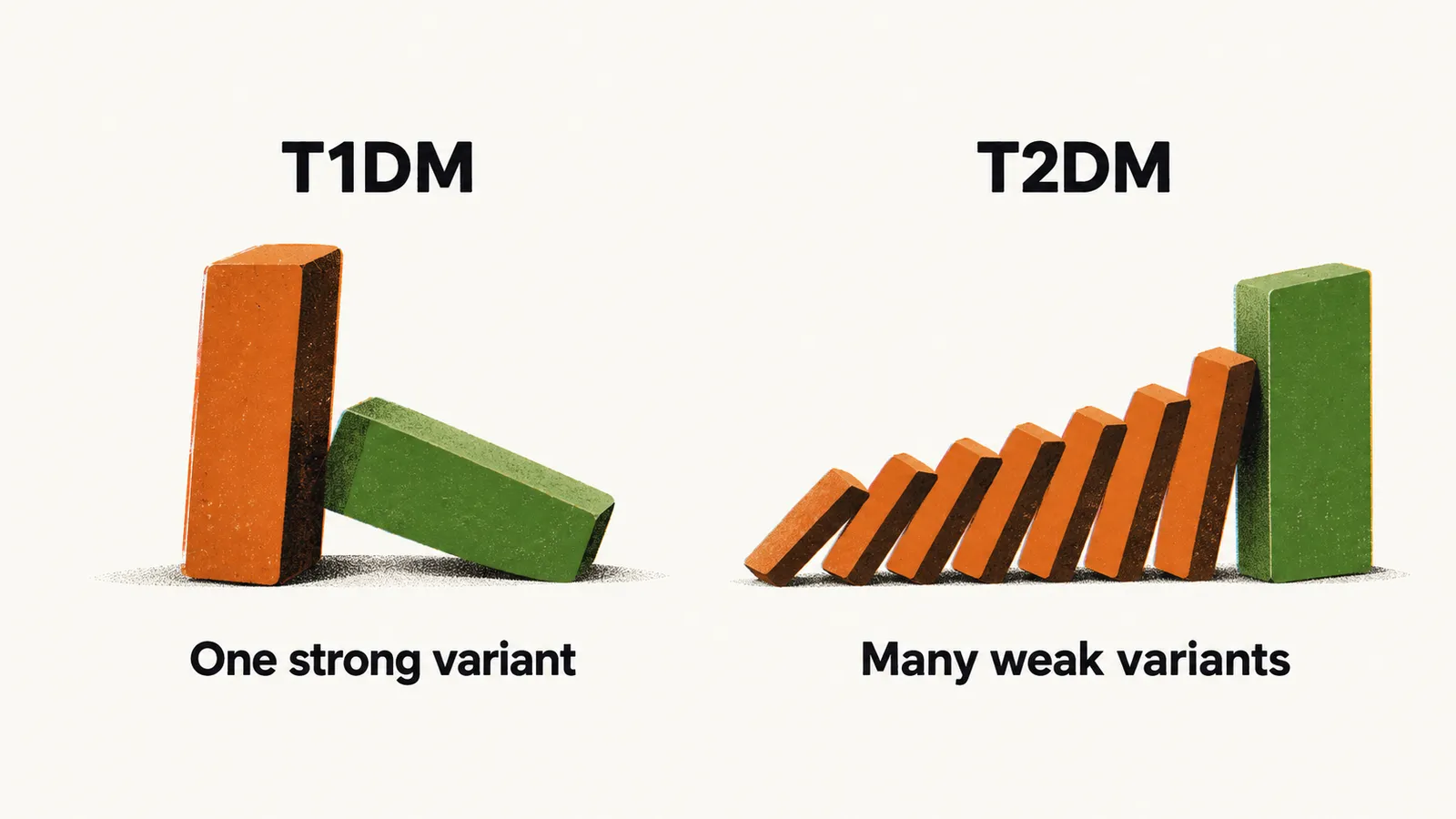 Two panels compare genetics, T1DM shown as one strong domino and T2DM as many weak dominoes together toppling a block.