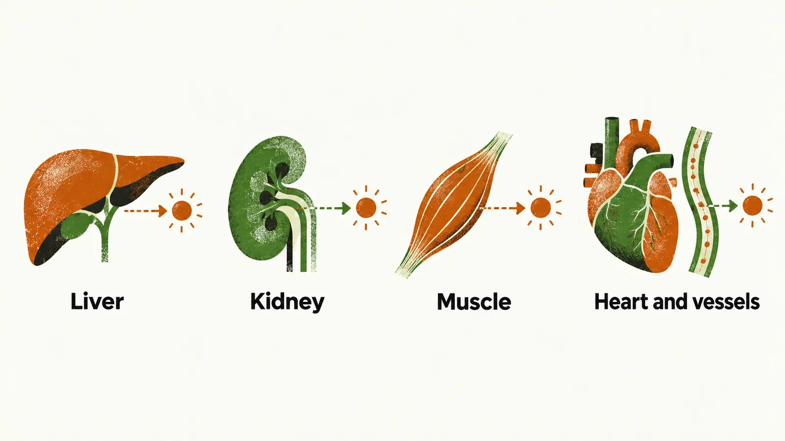 Four panels in a row show a liver, a kidney, a muscle and a heart beside a vessel, each joined by a thin arrow to one glucose dot.