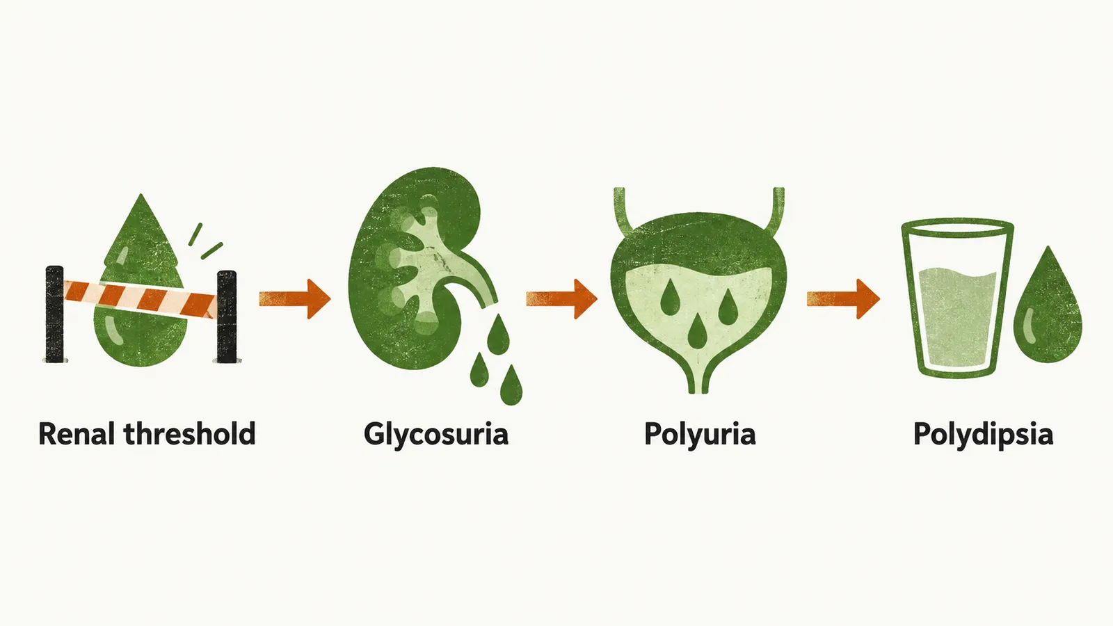 A pathway in four steps, glucose crossing the renal threshold, then glycosuria, polyuria and polydipsia.