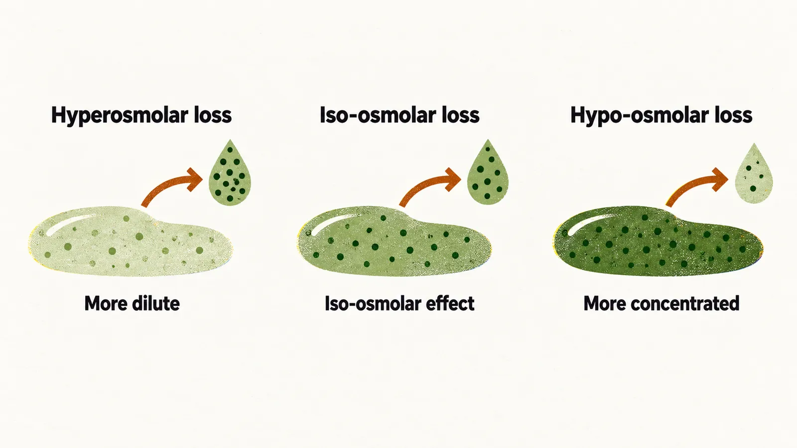 Three panels show a hyperosmolar, an iso-osmolar and a hypo-osmolar loss of fluid, each leaving the body fluids more dilute, iso-osmolar or more concentrated.