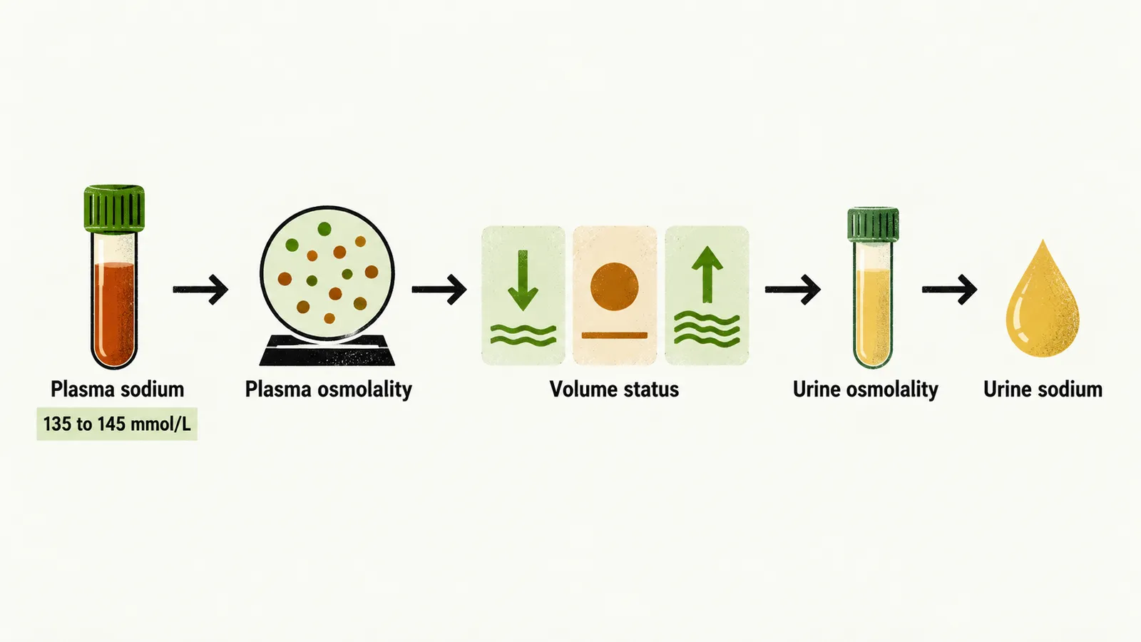 A left-to-right pathway leads from an abnormal plasma sodium through plasma osmolality and volume status to urine osmolality and urine sodium.