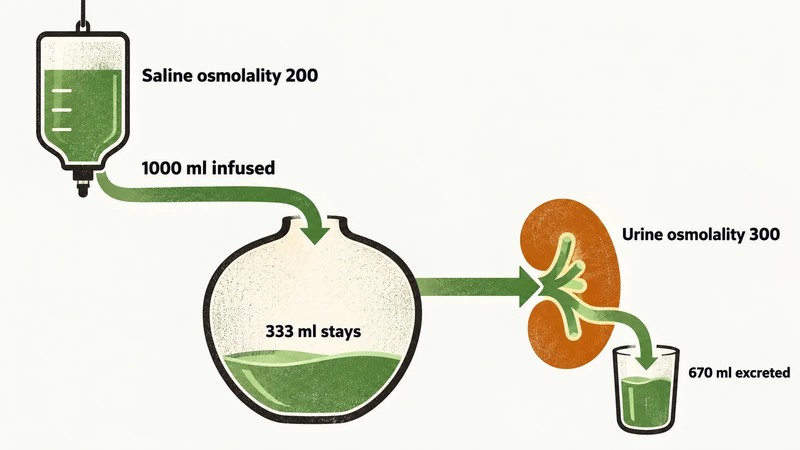 A bag infuses 1000 ml of saline at an osmolality of 200, while 670 ml leaves with the sodium and 333 ml stays behind in the body.
