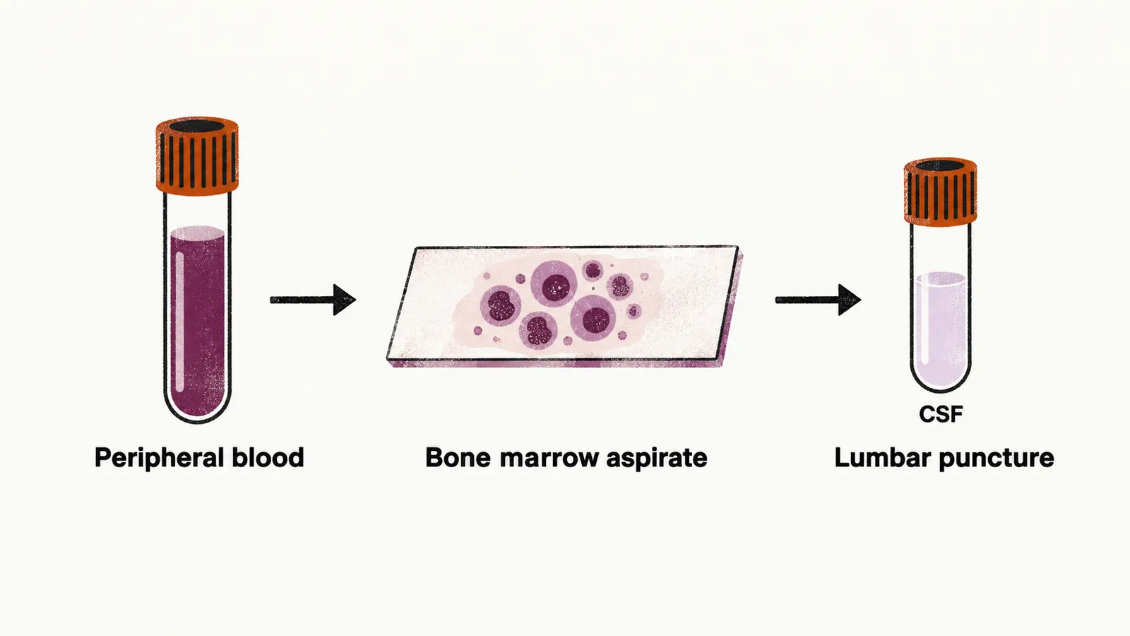 Three stations joined by arrows: a blood tube, a slide crowded with blast cells, and a small tube of clear fluid labelled CSF.