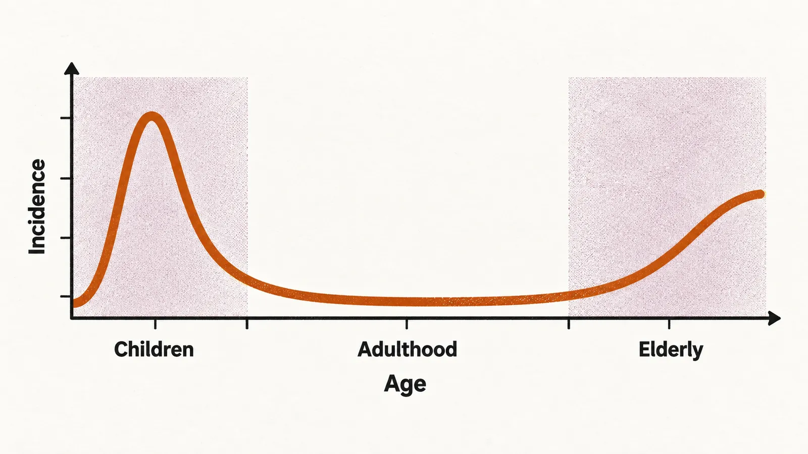 A curve that peaks sharply at the left, falls through a low middle stretch and rises again at the right, labelled by age group.