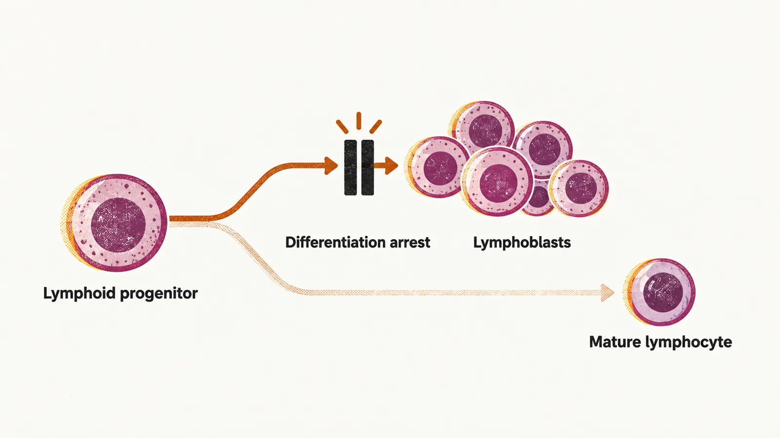 A lymphoid progenitor branching into an arrested path that piles up lymphoblasts and a faint path continuing to one mature lymphocyte.