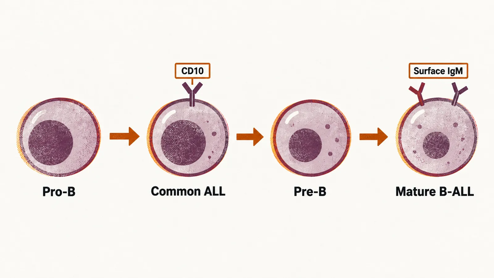 Four blast cells in a row from pro-B to mature B-ALL, joined by arrows, with CD10 tagged on the second and surface IgM on the last.