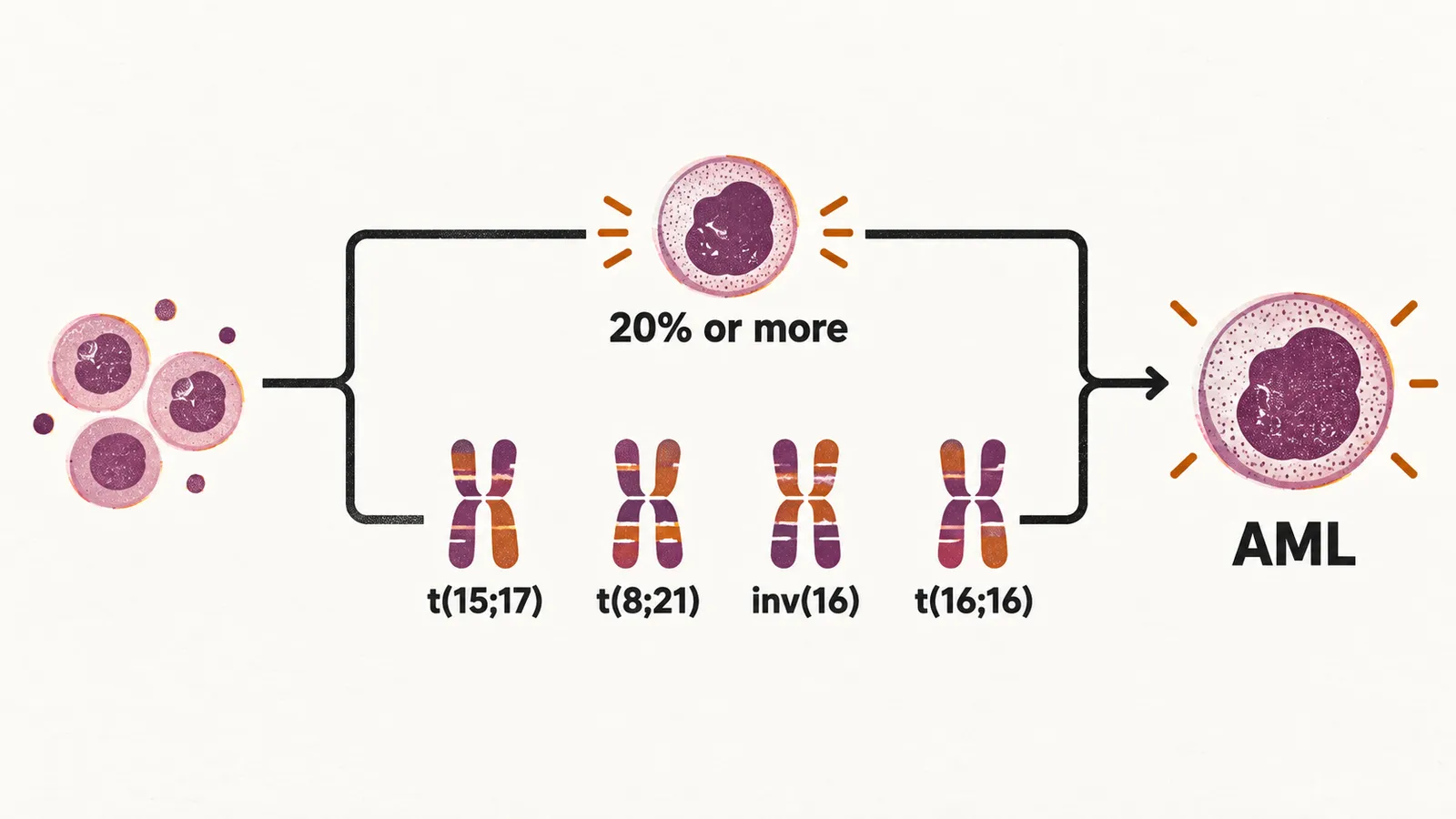 A sample splits into two paths to a diagnosis labelled AML: one labelled 20% or more, the other carrying markers labelled t(15;17), t(8;21), inv(16) and t(16;16).
