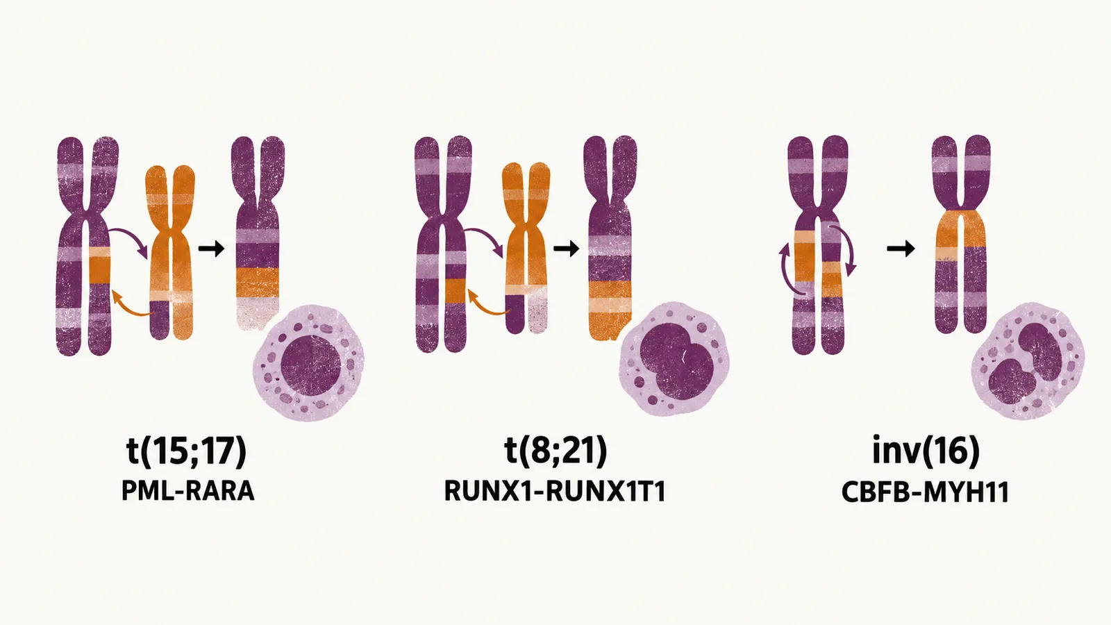 Three panels show a chromosome exchange and the fusion it forms: t(15;17) giving PML-RARA, t(8;21) giving RUNX1-RUNX1T1, and inv(16) giving CBFB-MYH11.